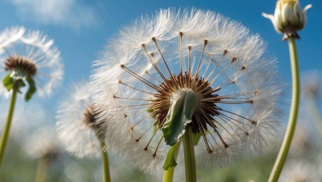 Dandelion flowers in seed stage with bright blue sky background detailed close-up image