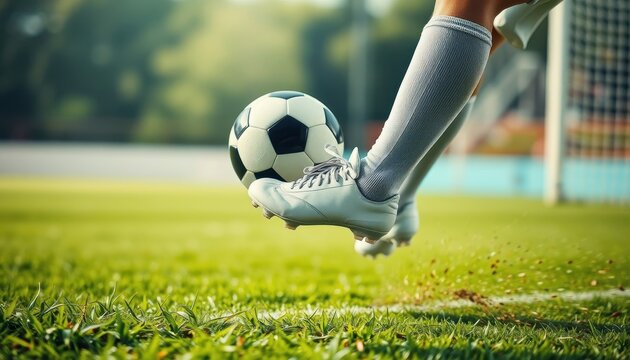 ⁨A dynamic, action-packed photograph of a soccer ball mid-flight, kicking up grass as it arcs towards the goal.  The background is blurred with a sense of motion and excitement. The lighting is bright