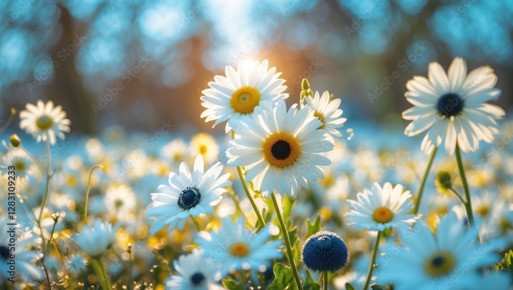 Poster field of blooming daisies with sunlight illuminating petals and a soft bokeh background in springtim