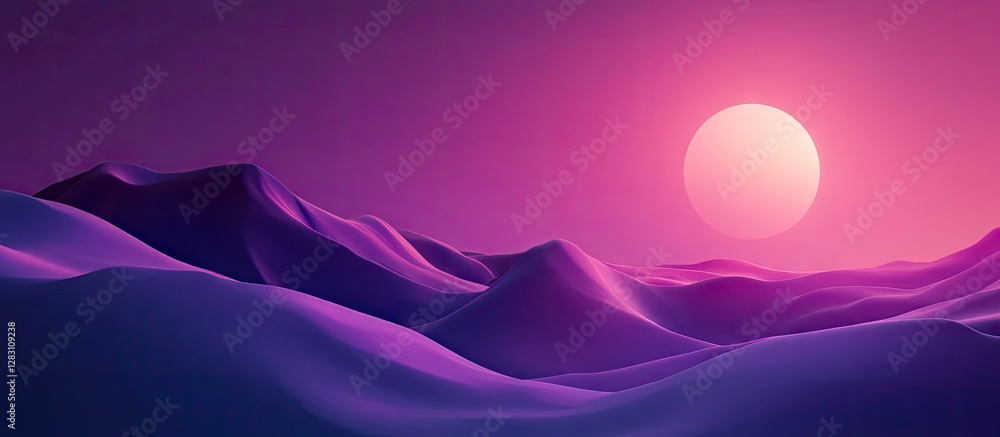 Poster vibrant digital landscape with soft purple hues and rolling waves against a rising sun creating a se