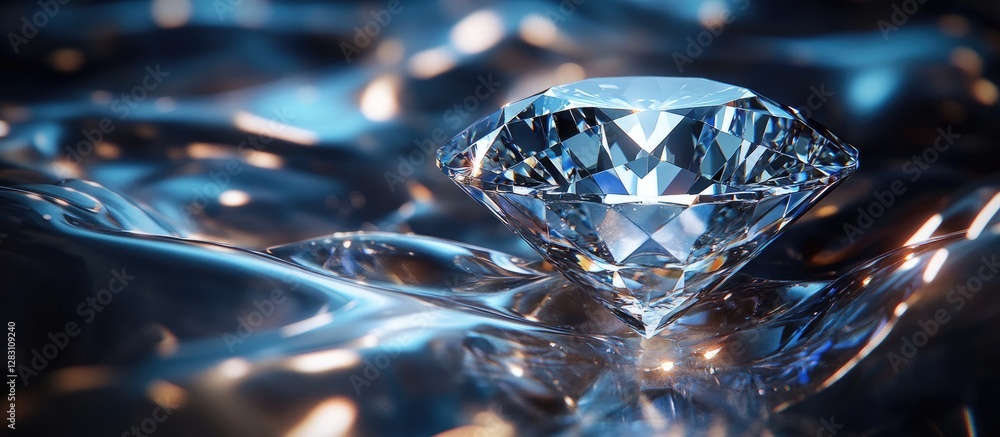 Aufkleber brilliant diamond resting on textured blue rippling water surface reflecting ambient light creating 