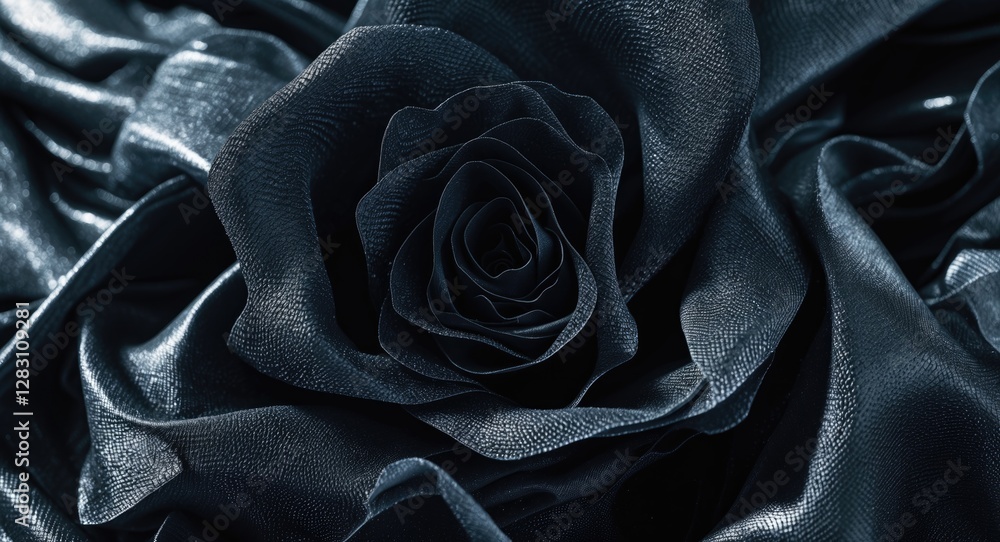 Poster black rose on textured fabric background creating a contrast between floral element and smooth surfa