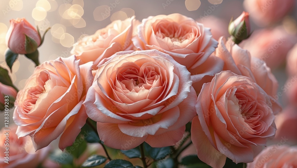 Poster peach roses in full bloom surrounded by green leaves with a blurred background of soft bokeh lights 