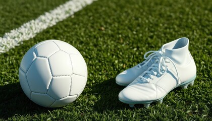 A realistic photograph of a clean, white soccer ball - mockup for text or logo resting on a green, manicured soccer field. Next to the ball are a pair of sleek, white football boots
