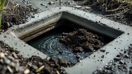 Obraz premium Cement drain obstructed by soil causing stagnant water accumulation in urban landscaping environment