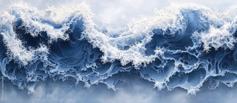 Aufkleber Aerial view of ocean waves in deep blue and white foam showcasing dynamic movement and beauty of sea surface textures against soft gray sky