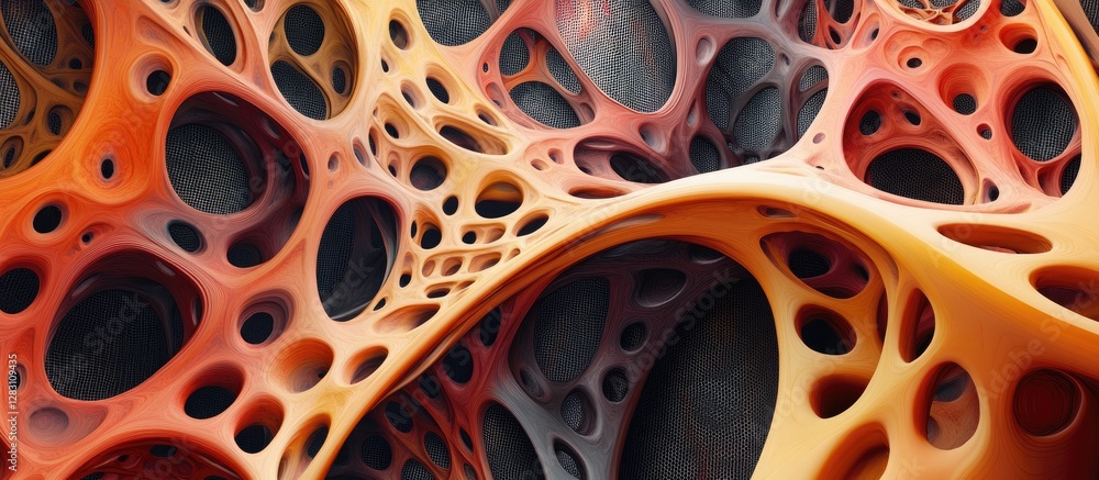 Poster Intricately interlinked tubes form a vibrant network of orange and cream hues against a dark background, showcasing complex connections and relations.