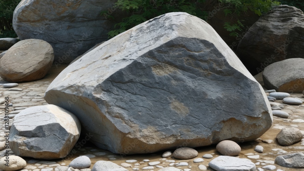 Poster large textured granite boulder surrounded by smaller rounded stones in a natural river setting with 