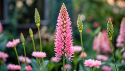 Obraz premium Pink flowering plant with tall spike blooms surrounded by smaller flowers in a garden setting. Blurred foliage in background.