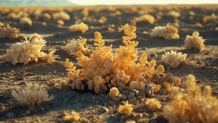 Fototapeta premium Dried vegetation in arid landscape highlighting effects of prolonged drought on ecosystem and soil health