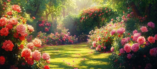 A lush garden pathway lined with vibrant pink and red roses bathed in soft sunlight surrounded by greenery creating a tranquil and picturesque scene