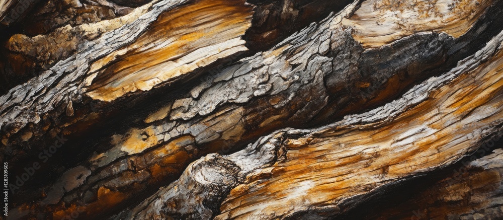 Poster textured pine logs in warm browns and rust tones stacked closely, showcasing intricate bark details 