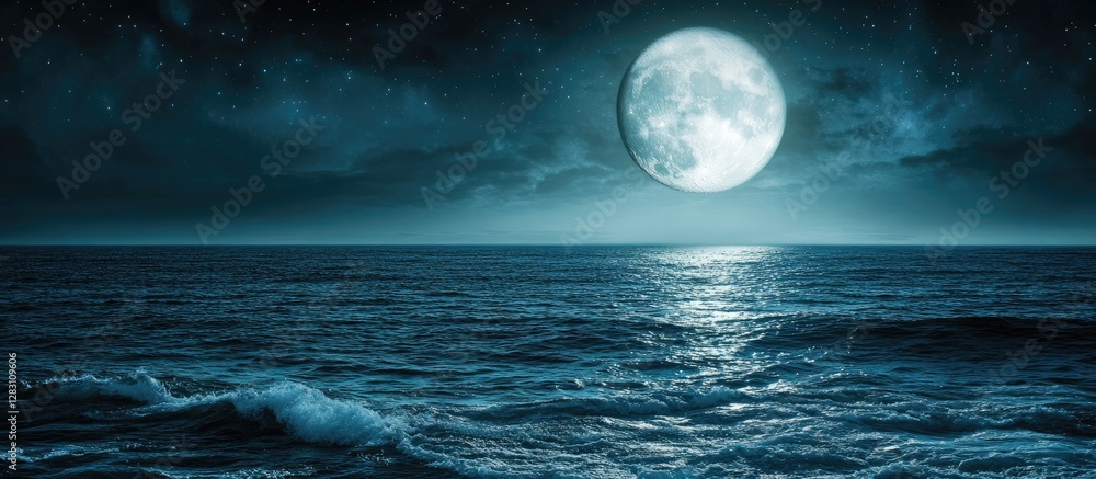 Poster moonlit ocean landscape with deep blues and soft waves under a bright full moon illuminating the tra