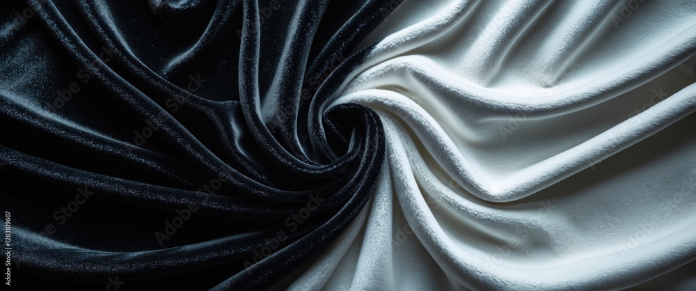 Poster black and white soft velvet fabric background with intricate folds and textures in a spiral pattern