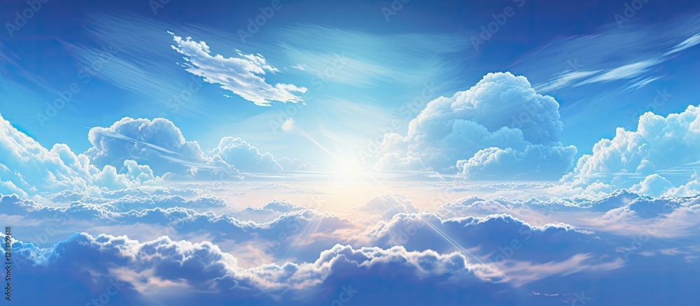 Poster vibrant blue sky with soft white clouds illuminated by a warm golden light at sunrise, creating a se