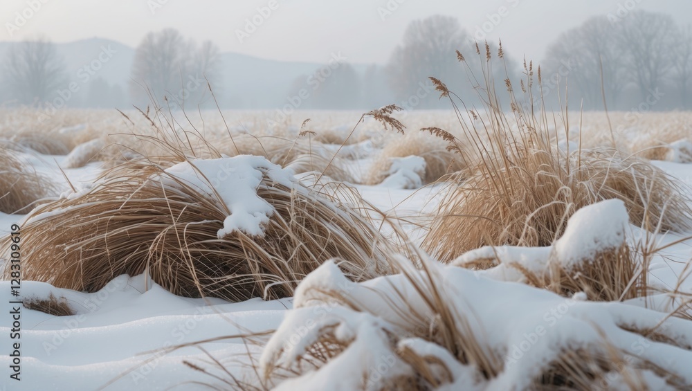 Poster snow-covered dry grass in a minimalist winter landscape with foggy trees and subtle colors creating 