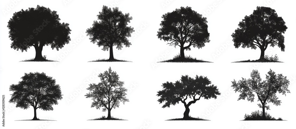 Poster diverse silhouettes of trees positioned in two rows against a white background showcasing various sh