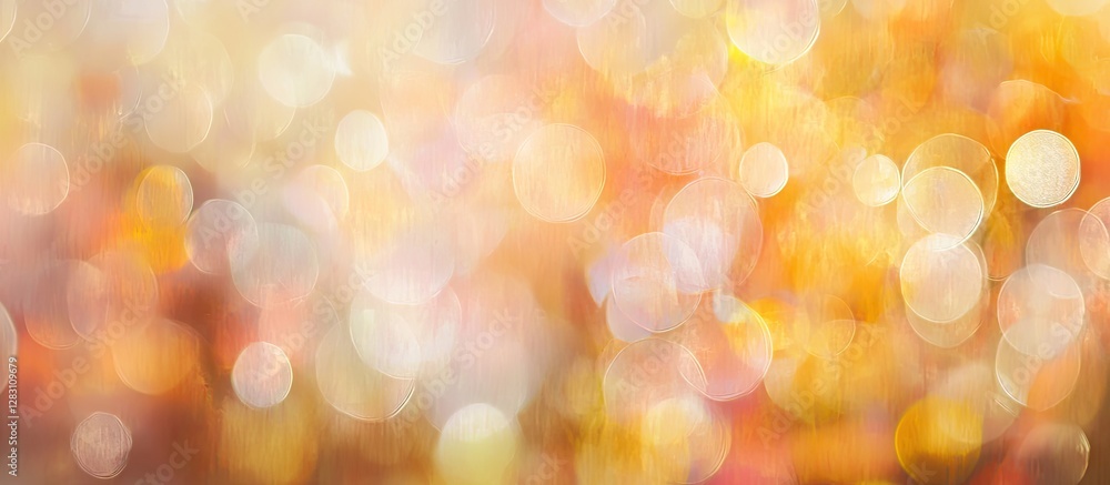 Fototapete Bright and vibrant bokeh background with warm golden and orange tones creating a soft and dreamy atmosphere with blurred circles of light.