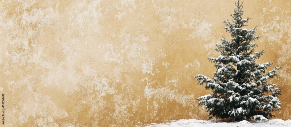 Poster snow-covered evergreen tree positioned on the right against a textured golden wall background creati