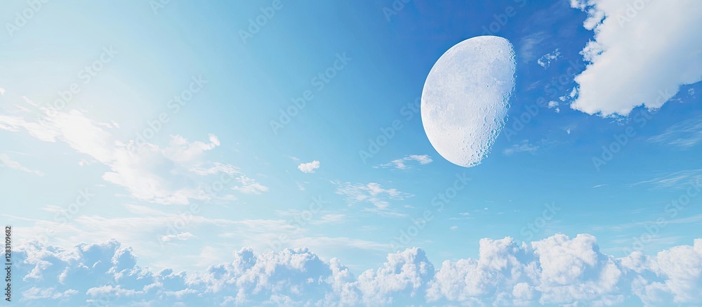 Poster serene lunar panorama featuring a large white moon against a bright blue sky with fluffy white cloud