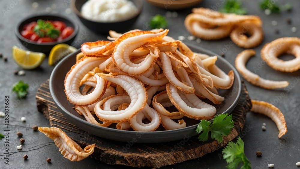 Aufkleber dried squid strips tasty snack on rustic plate with fresh ingredients and empty space for text in go