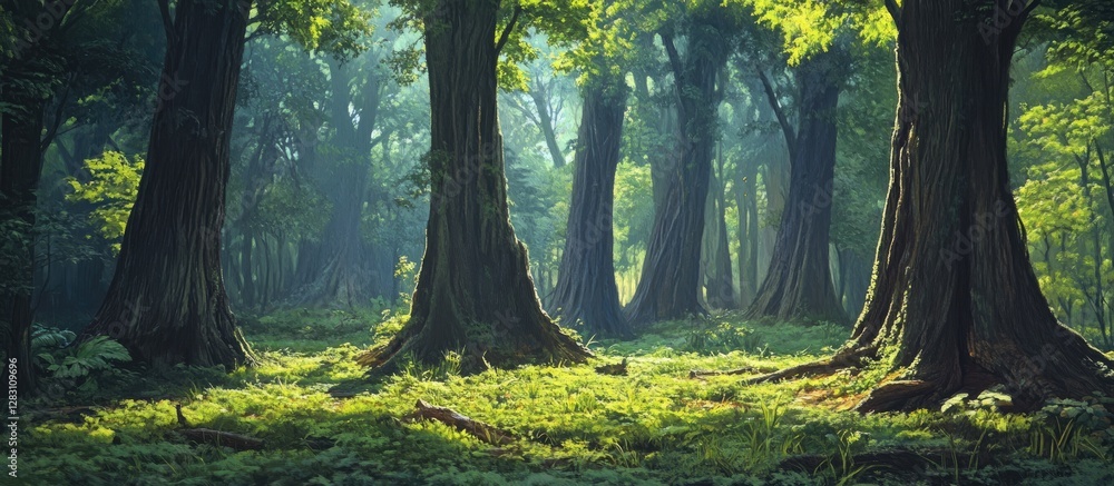 Poster majestic tall tree trunks in a vibrant tropical rainforest create a lush green environment with rich