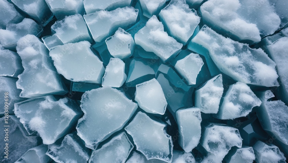Poster ice fragments with snow cover on a frozen surface creating a detailed abstract pattern.
