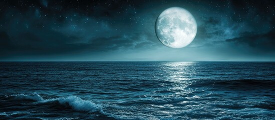 Moonlit ocean landscape with deep blues and soft waves under a bright full moon illuminating the tranquil summer night sky.