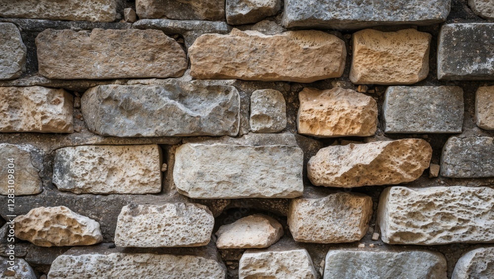 Poster textured stone wall made of unevenly shaped rocks in various shades of beige and gray arranged in a 