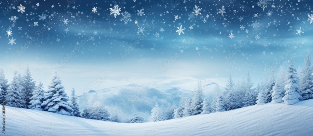 Poster winter landscape with snow-covered trees in foreground and falling snowflakes against a blue sky cre