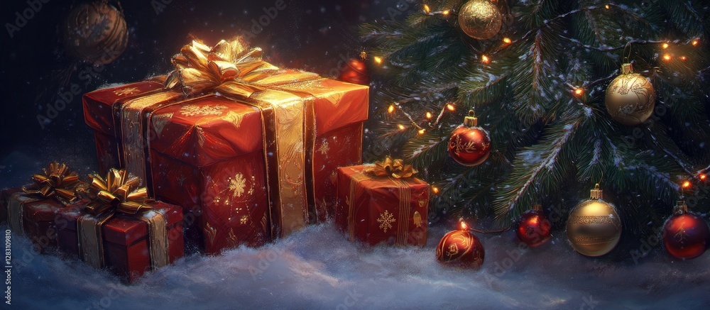 Poster festive christmas gifts wrapped in shiny red and gold with a decorated evergreen tree glowing with w