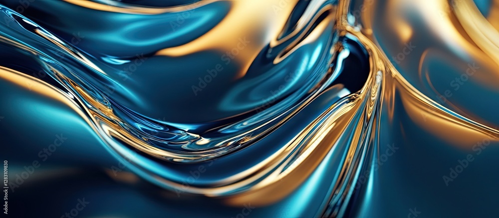 Poster flowing blue and gold marbled texture in an abstract luxurious design with smooth curves and glossy 