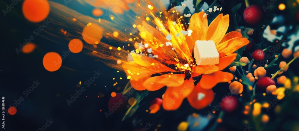 Poster Vibrant close up of an orange flower with a cube of butter in the center surrounded by a colorful bokeh background of reds and greens.