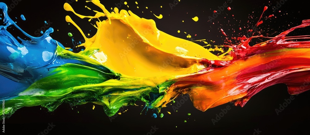 Poster vibrant paint splashes in blue, green, yellow, and red against a black backdrop, artistically mergin