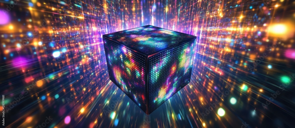 Poster vibrant abstract psychedelic backdrop featuring a colorful led cube positioned centrally with radiat