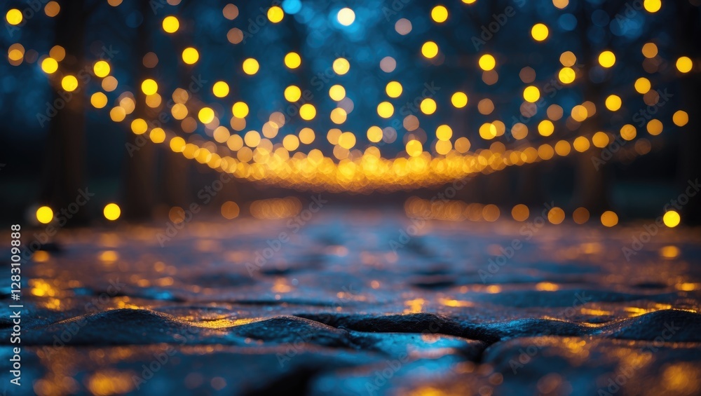 Poster bokeh effect of glowing string lights above a wet cobblestone path in an evening setting with trees 