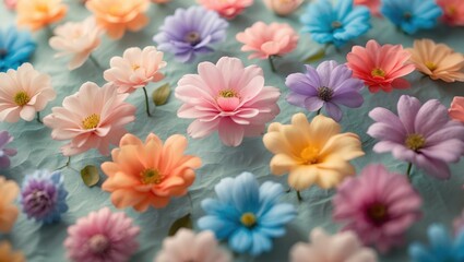 Colorful assortment of artificial flowers arranged on a blue textured background for decorative purposes
