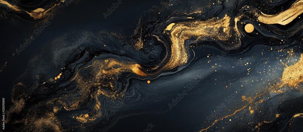 Poster elegant abstract background featuring deep black and shimmering gold swirls contrasting with sparkle