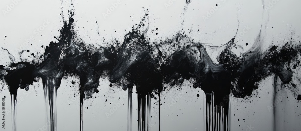 Poster abstract black ink splatters on a gray background create a contemporary aesthetic with dynamic drips
