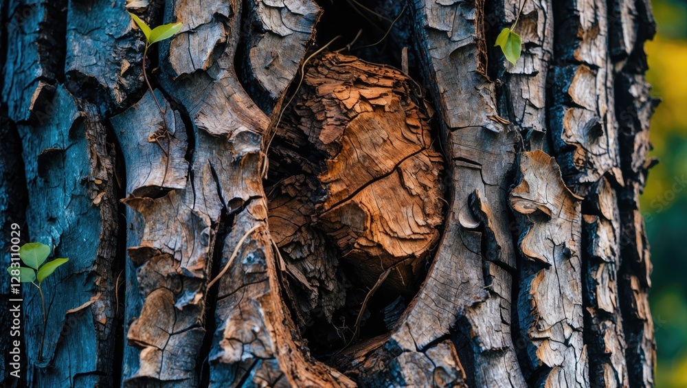 Poster close-up of textured bark on tree showing cracks and grooves with a visible hollow and small green l