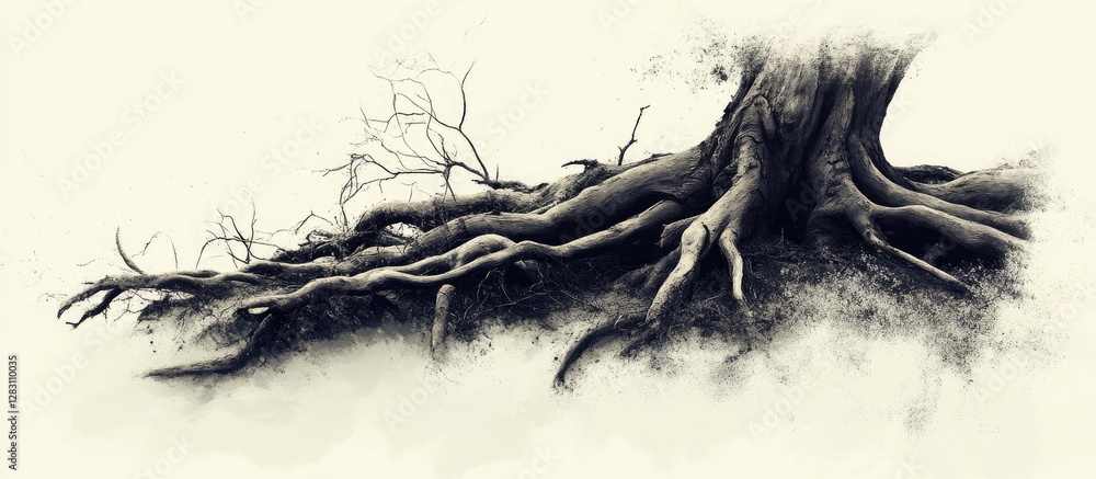 Poster Detailed illustration of an intricate tree root system emerging from a light background with dark shades showcasing texture and depth.