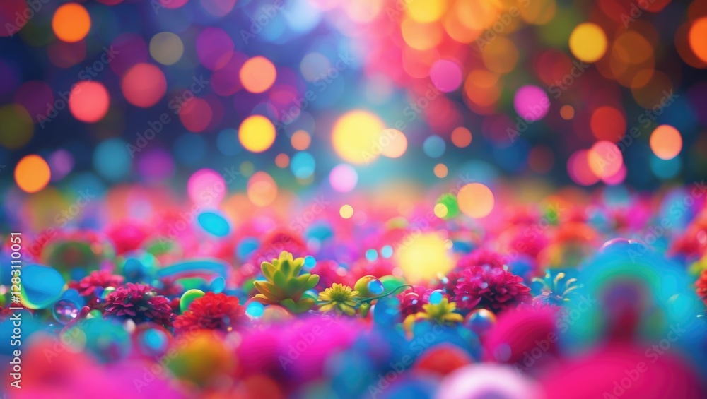 Poster colorful abstract background featuring vibrant flowers and bokeh lights creating a lively and festiv