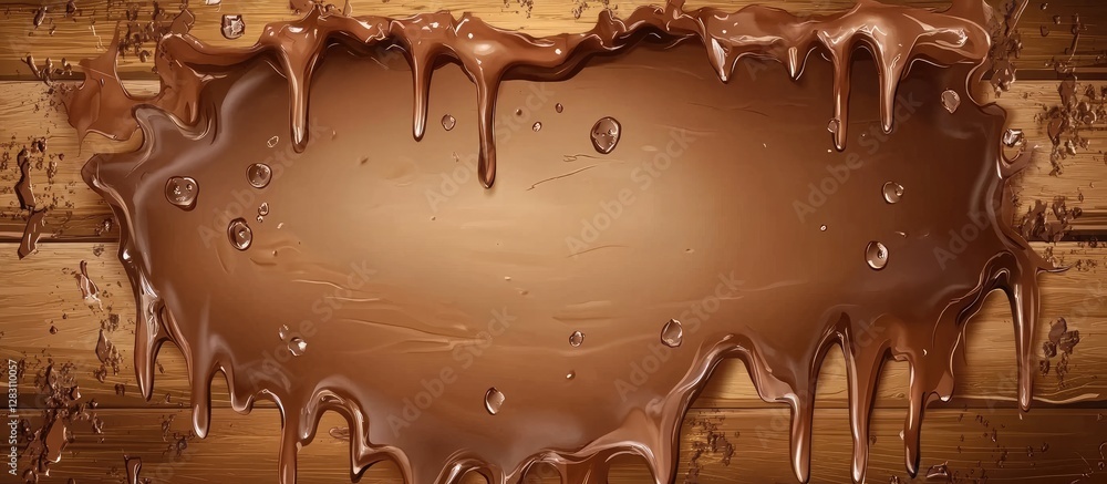 Poster Melted chocolate backdrop in rich brown tones with drips over a textured wooden surface, creating an inviting space for text insertion.