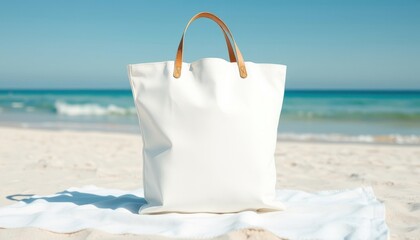 A clean white of a minimalist white canvas tote bag - mockup for text or logo, with a long standing, leather handle. The bag are placed on a white beach towel on a sandy beach, with a view of a calm