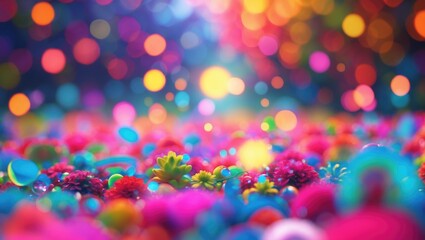 Colorful abstract background featuring vibrant flowers and bokeh lights creating a lively and festive atmosphere.