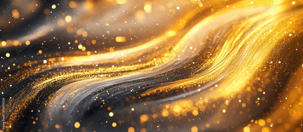 Fototapete Golden shimmering waves on a dark background with dynamic flowing textures and scattered light reflections creating an elegant abstract scene.