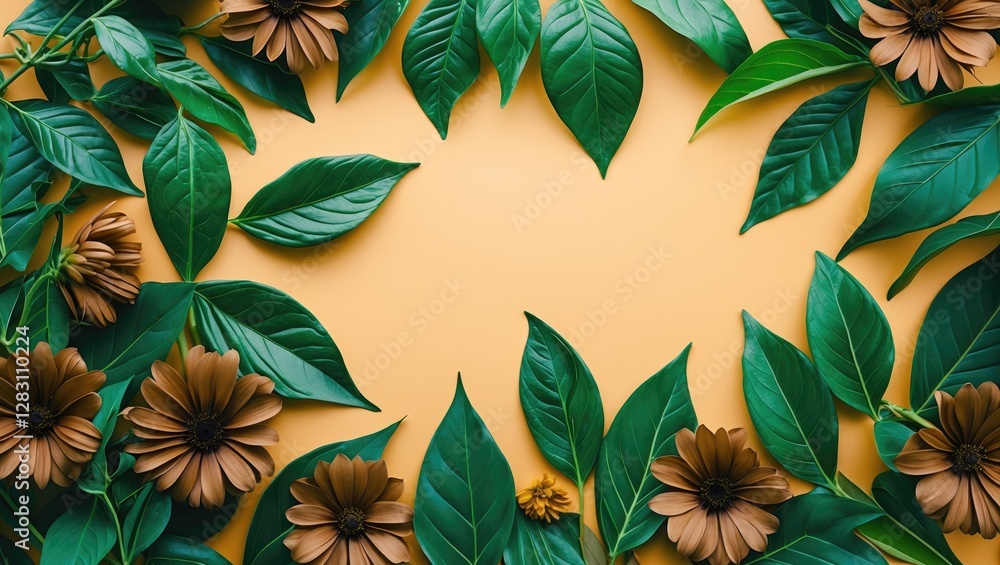 Sticker Floral arrangement with green leaves and brown flowers on a yellow background creating a vibrant and natural frame