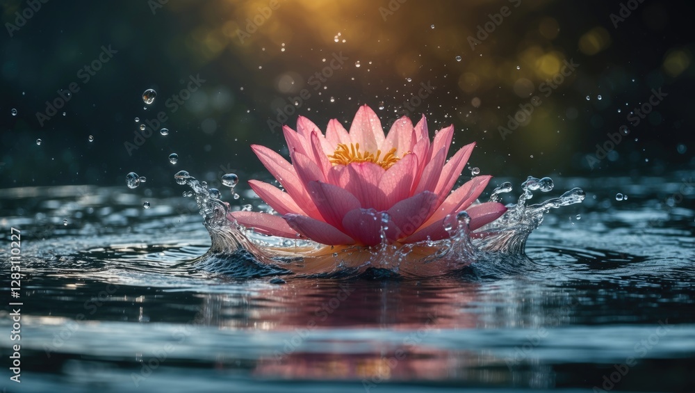 Aufkleber pink water lily in a pond with splashes of water and soft sunlight in the background creating a tran
