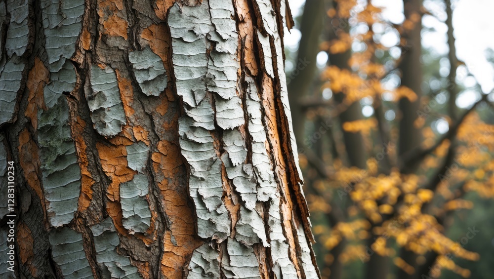 Poster close-up view of textured tree bark with patches of orange and grey colors in a natural forest setti