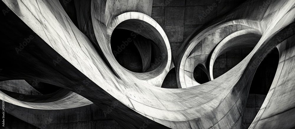 Poster monochrome abstract architecture featuring dynamic white curves and circular openings against a dark